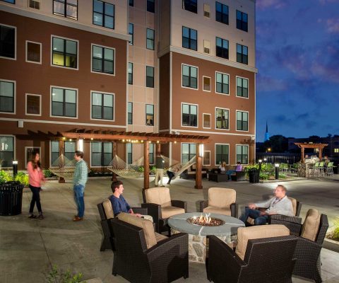 Outdoor gathering space at 23 Twenty Lincoln student apartments