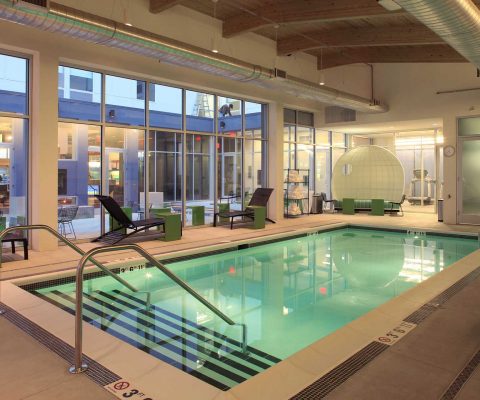 Indoor swimming pool at Aloft Hotel