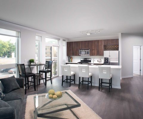 Kitchen, dining and living space in a Central Station Apartments unit