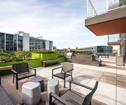 Roof deck seating area at Clybourn 1200