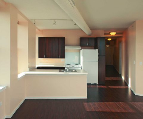 Kitchen and living space in a Hairpin Lofts unit