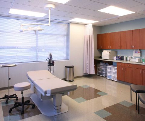 Examination room at Prairie Pointe Medical office