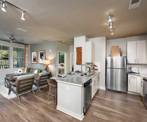 Kitchen and living area in a Solstice Apartments unit